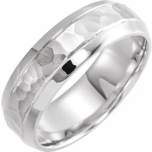 14K White 7 mm Beveled-Edge Band with Hammered Finish Size 10