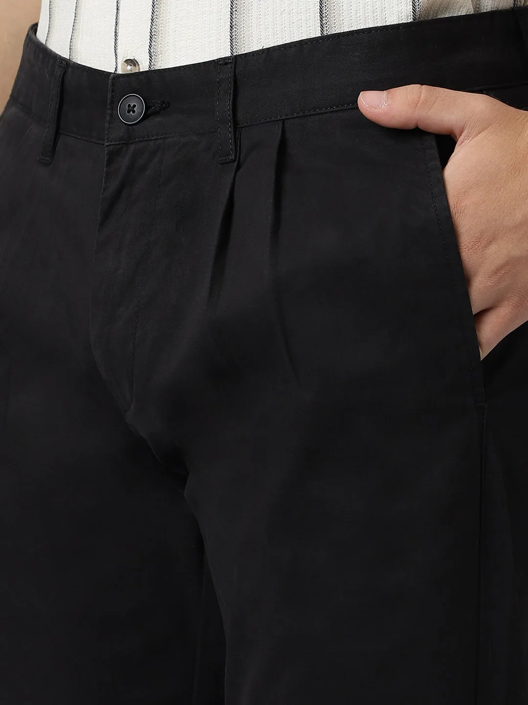 2 Way Stretch Pleated Chinos in Black- Comfort Fit