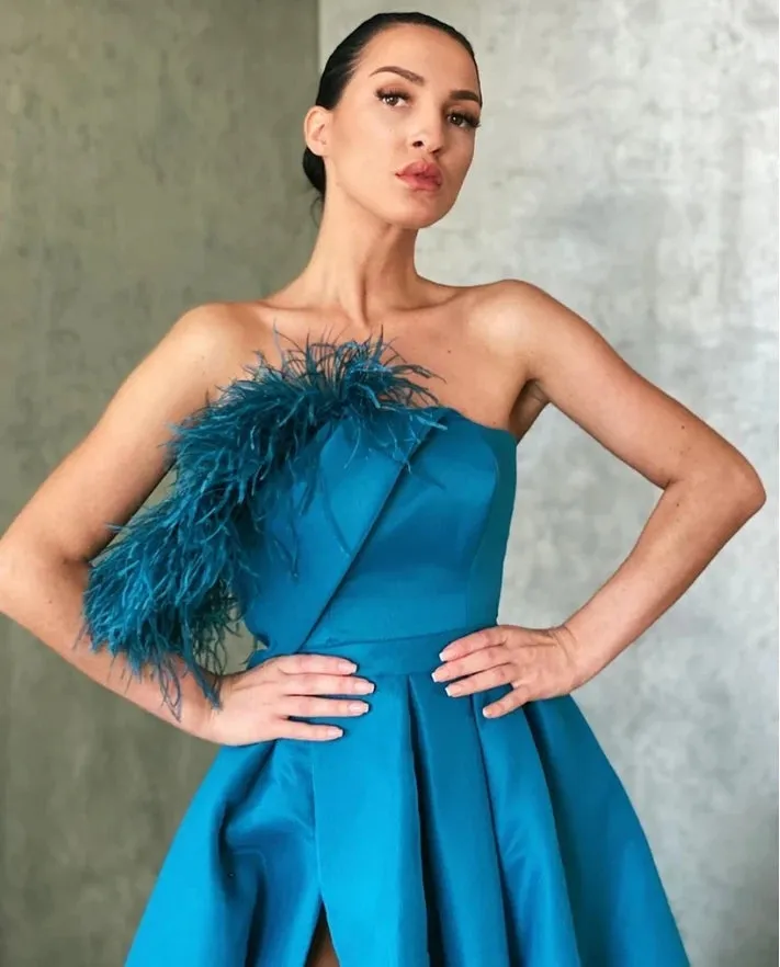 A-line Blue Floor Length Satin Prom Dress Formal Evening Dress OKT94