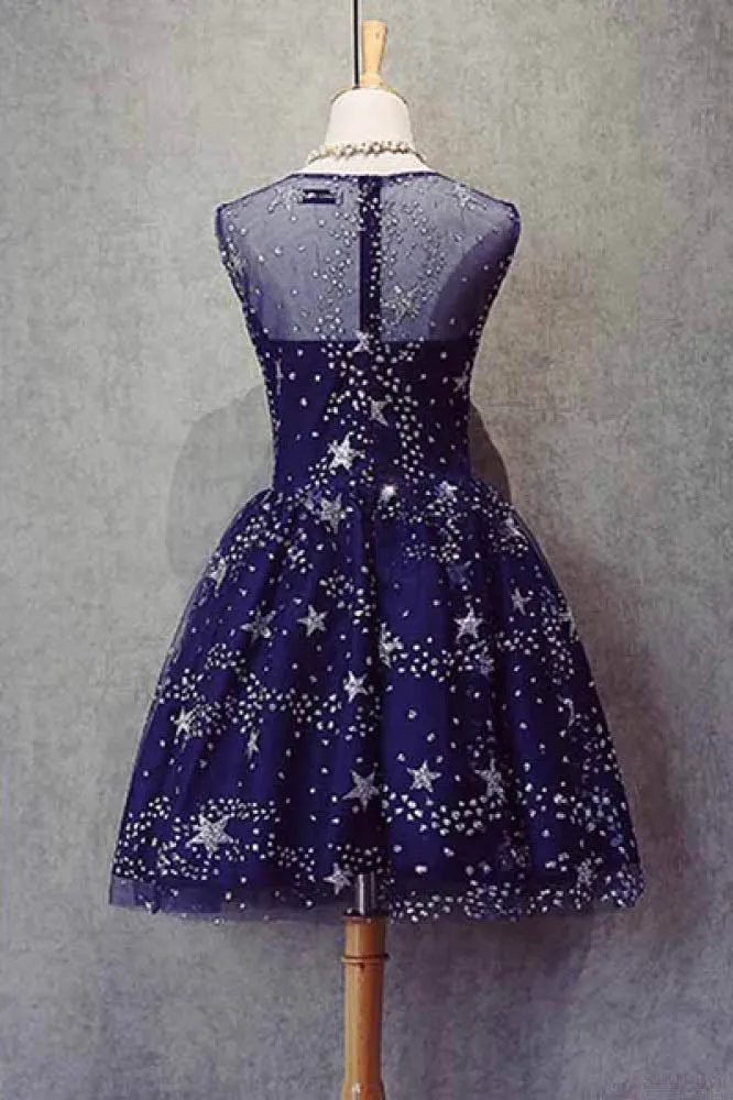 A Line Knee Length Beading Royal Blue Homecoming Dress,Short Shiny Prom Dress OK489