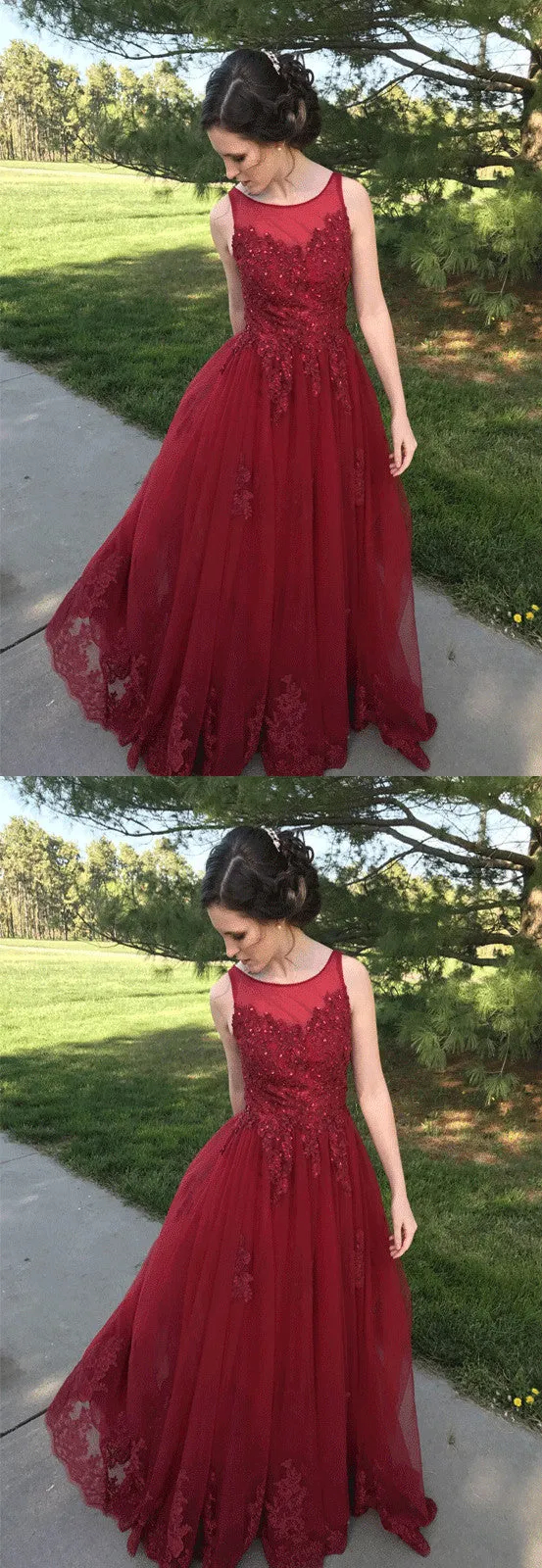 A Line Red Appliqued Long Tulle Formal Prom Dress OKE47