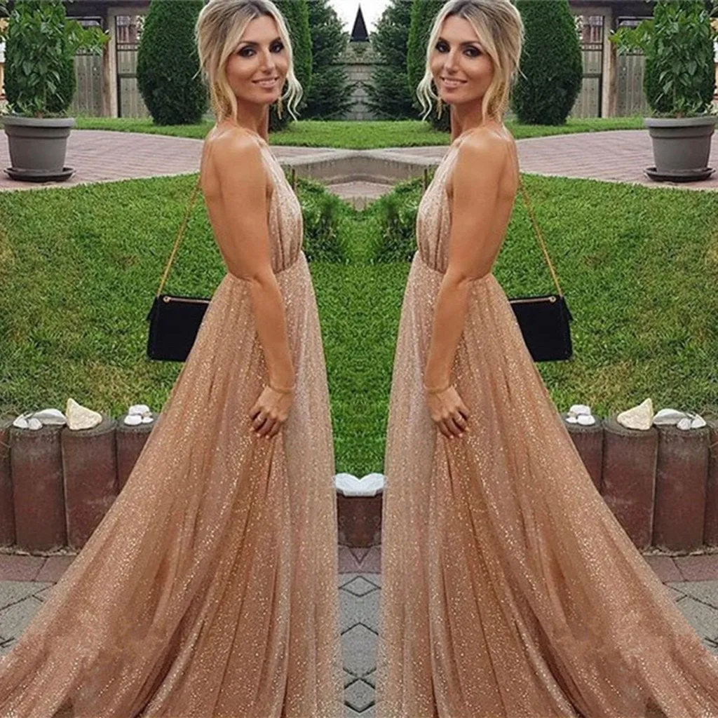 A-line Spaghetti Straps V-neck Sexy Backless Sequins Prom Party Dress OKF32