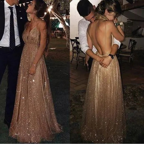 A-line Spaghetti Straps V-neck Sexy Backless Sequins Prom Party Dress OKF32