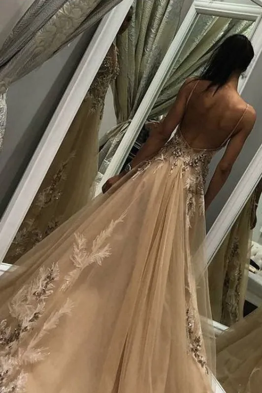 A Line Tulle Long Appliques Deep V Neck Prom Dresses With Beading OKF66