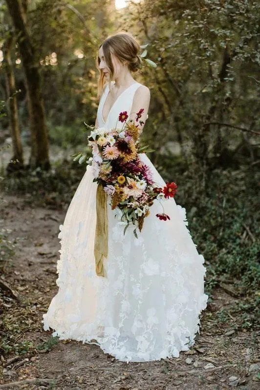 A Line V Neck Floor Length Wedding Dress Ivory Lace Appliques Bridal Dress OK1055