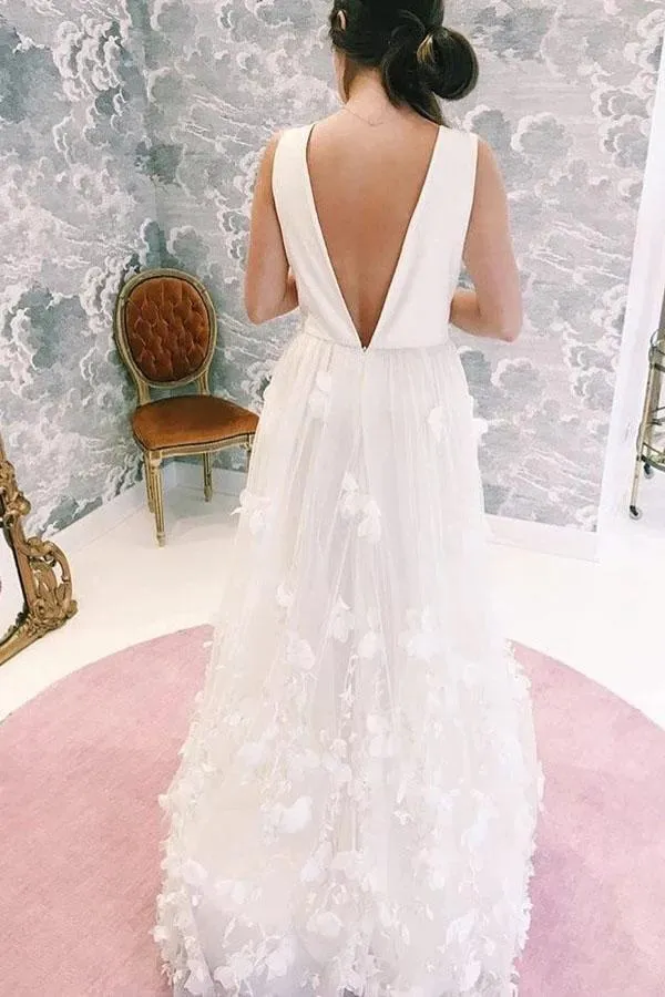 A Line V Neck Floor Length Wedding Dress Ivory Lace Appliques Bridal Dress OK1055