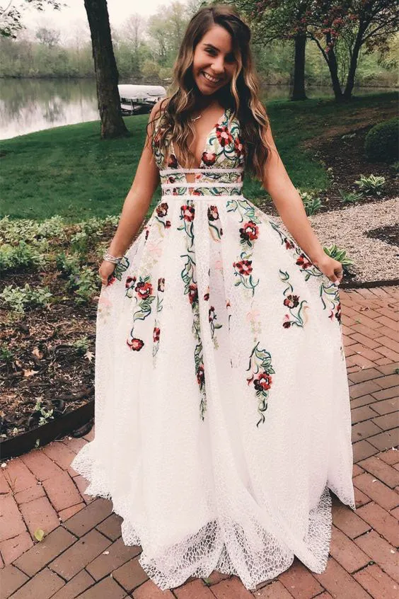 A Line V Neck Flower Appliques Prom Dress, Long Evening Dresses N1482