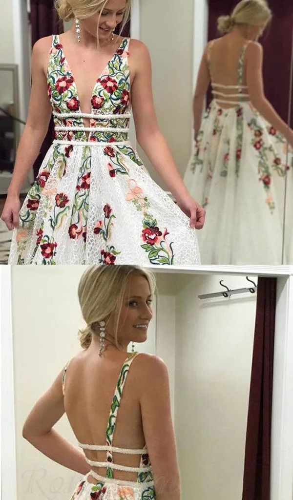 A Line V Neck Flower Appliques Prom Dress, Long Evening Dresses N1482