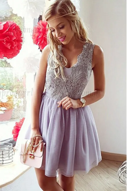 A-Line V-Neck Short Lilac Tulle Short Homecoming Dresses with Lace OK521