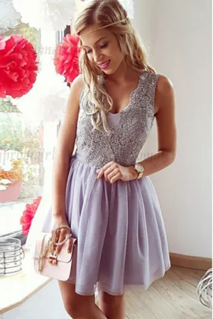 A-Line V-Neck Short Lilac Tulle Short Homecoming Dresses with Lace OK521