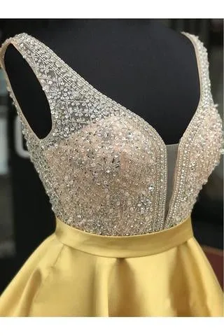 A Line V Neck Sleeveless Homecoming Dresses, Beading Satin Short Prom Dresses OKN41