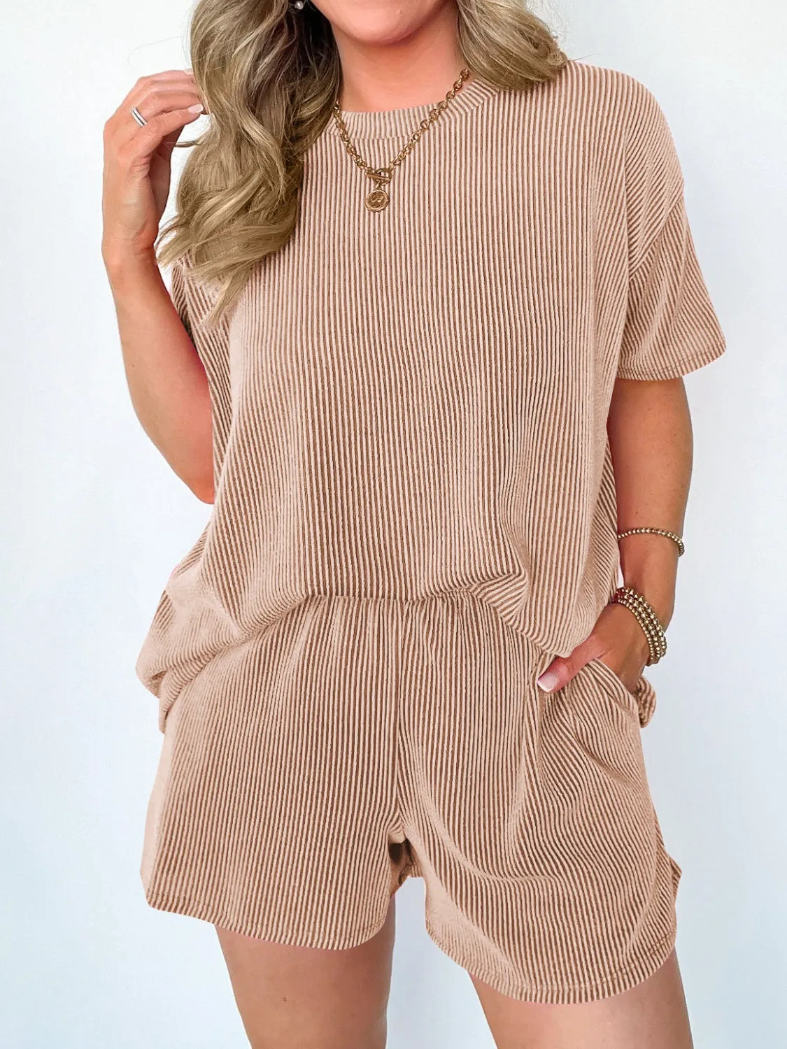 Alisson Textured Round Neck Short Sleeve Top and Shorts Set
