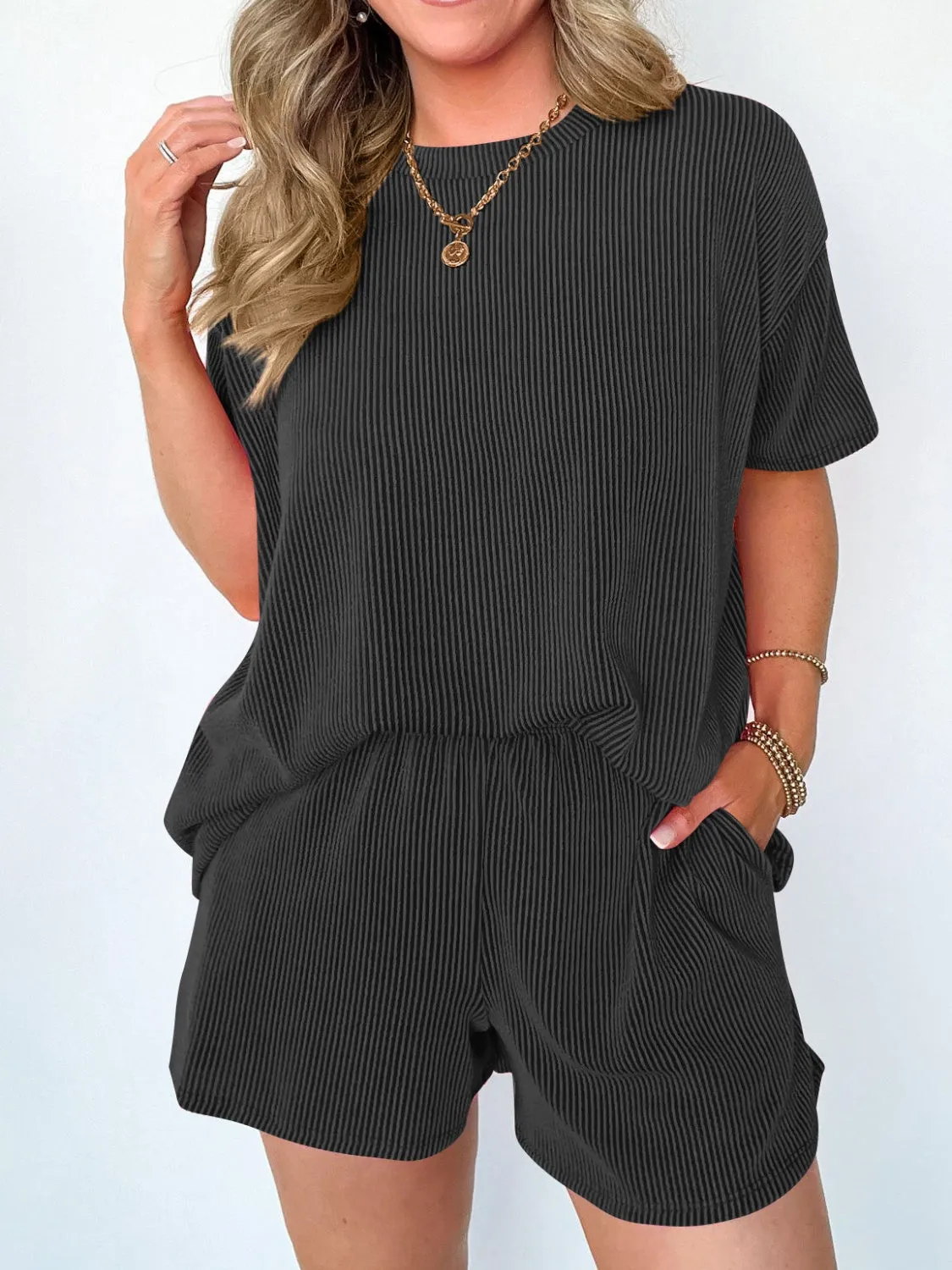 Alisson Textured Round Neck Short Sleeve Top and Shorts Set