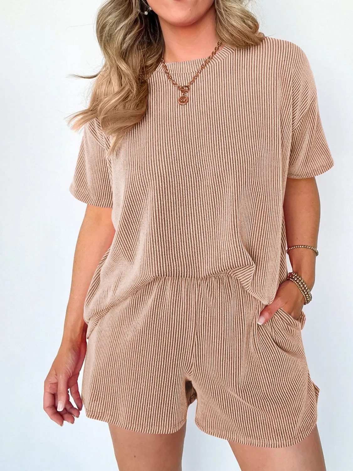 Alisson Textured Round Neck Short Sleeve Top and Shorts Set