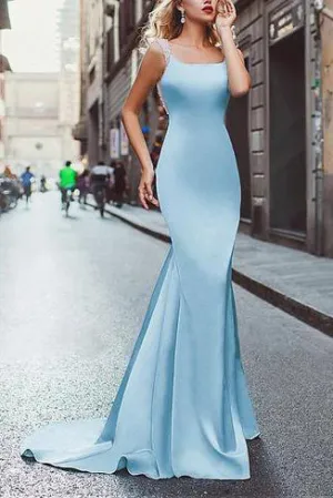 Amazing Beading Satin Scoop Mermaid Blue Long Prom Dresses OK696