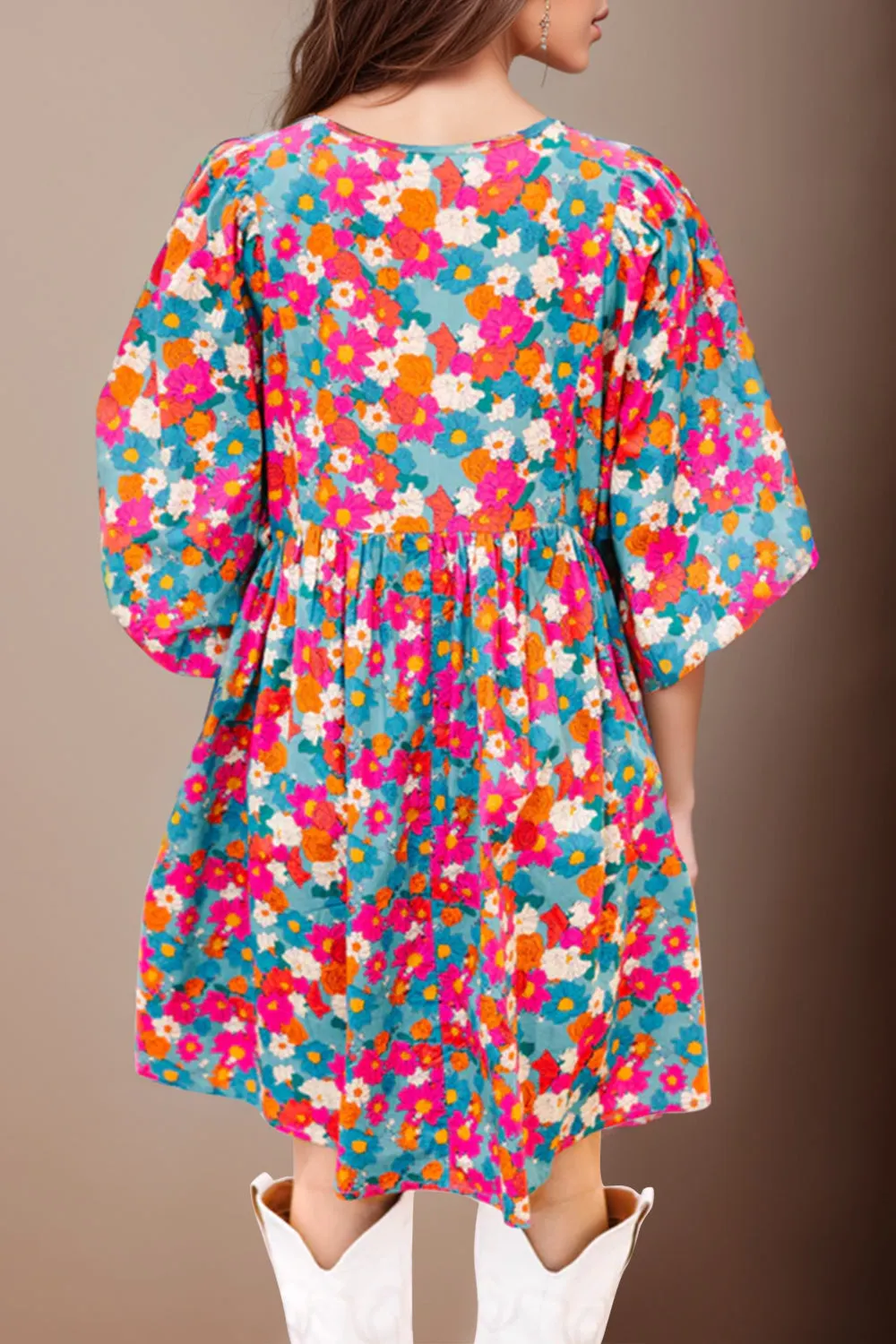 Avela Floral Tie Neck Puff Sleeve Mini Dress