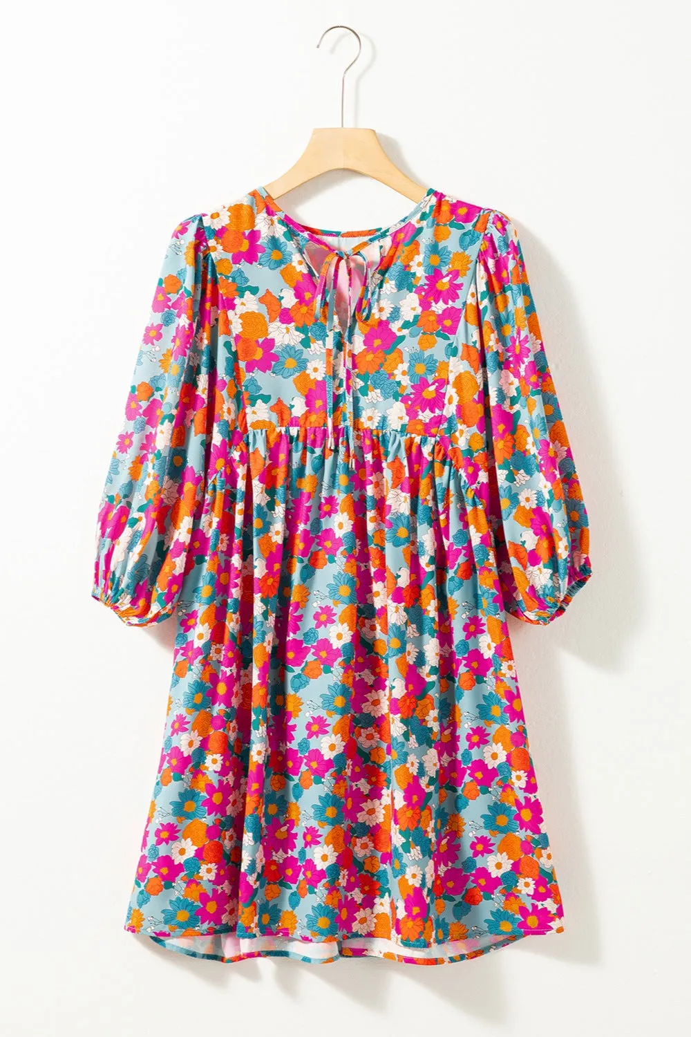 Avela Floral Tie Neck Puff Sleeve Mini Dress