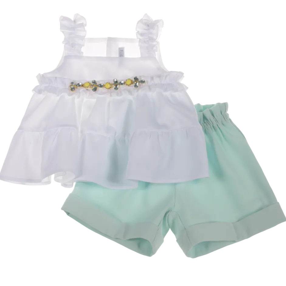 Barcellino Embellished Top & Shorts Set - White/Aqua