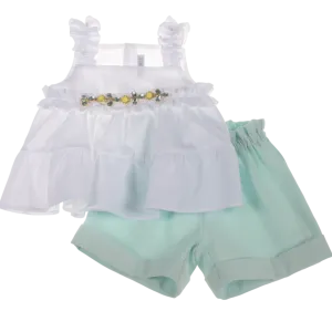 Barcellino Embellished Top & Shorts Set - White/Aqua