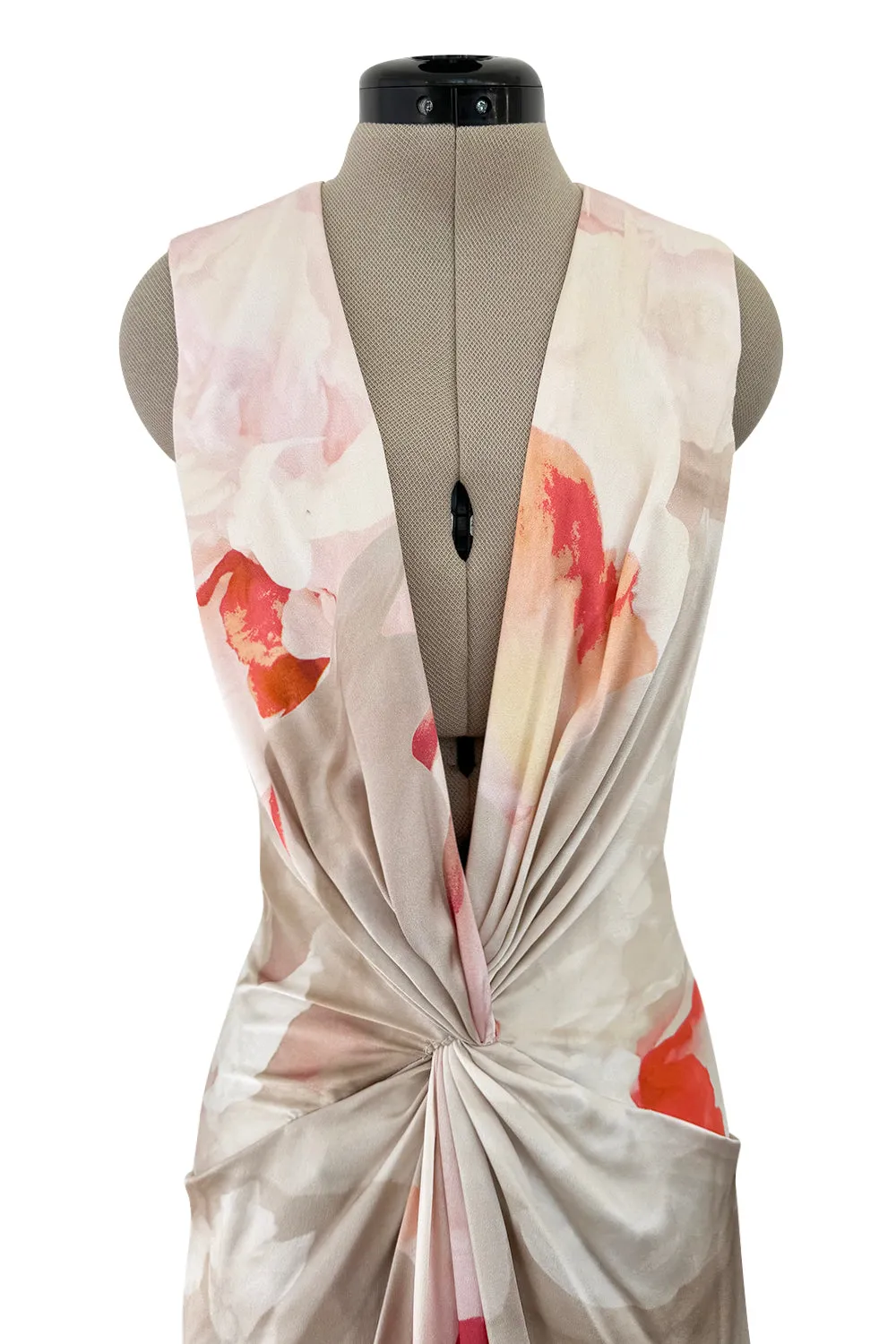Beautiful 2010 Alexander McQueen Draped Silk Dress w Oversized Soft Floral Print & Deep Front Plunge