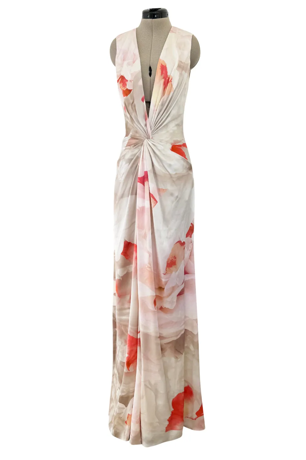 Beautiful 2010 Alexander McQueen Draped Silk Dress w Oversized Soft Floral Print & Deep Front Plunge
