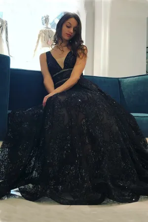 Beautiful A-Line V-Neck Floor-Length Black Lace Long Prom Dresses OK899