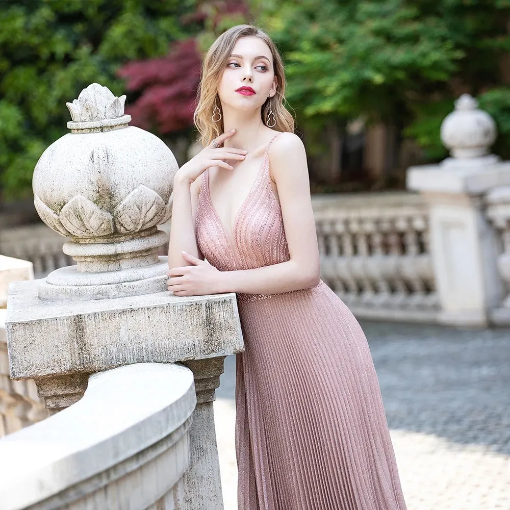 Beautiful Pink Sleeveless Long Prom Dress New Beading Glitter V Neck Pleated Party Gown OKW57