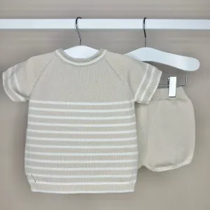 Beige & Ivory Striped Shorts Set