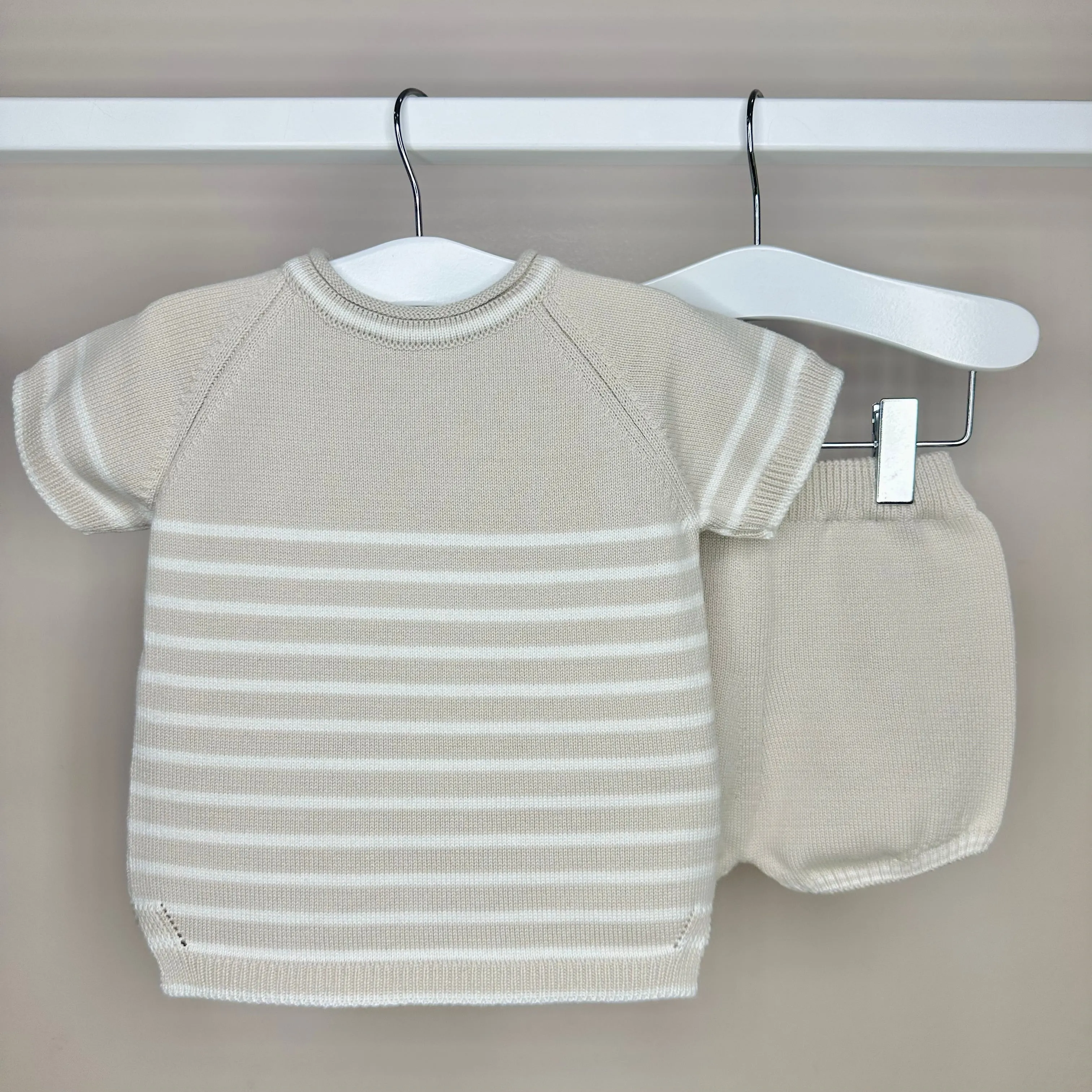 Beige & Ivory Striped Shorts Set