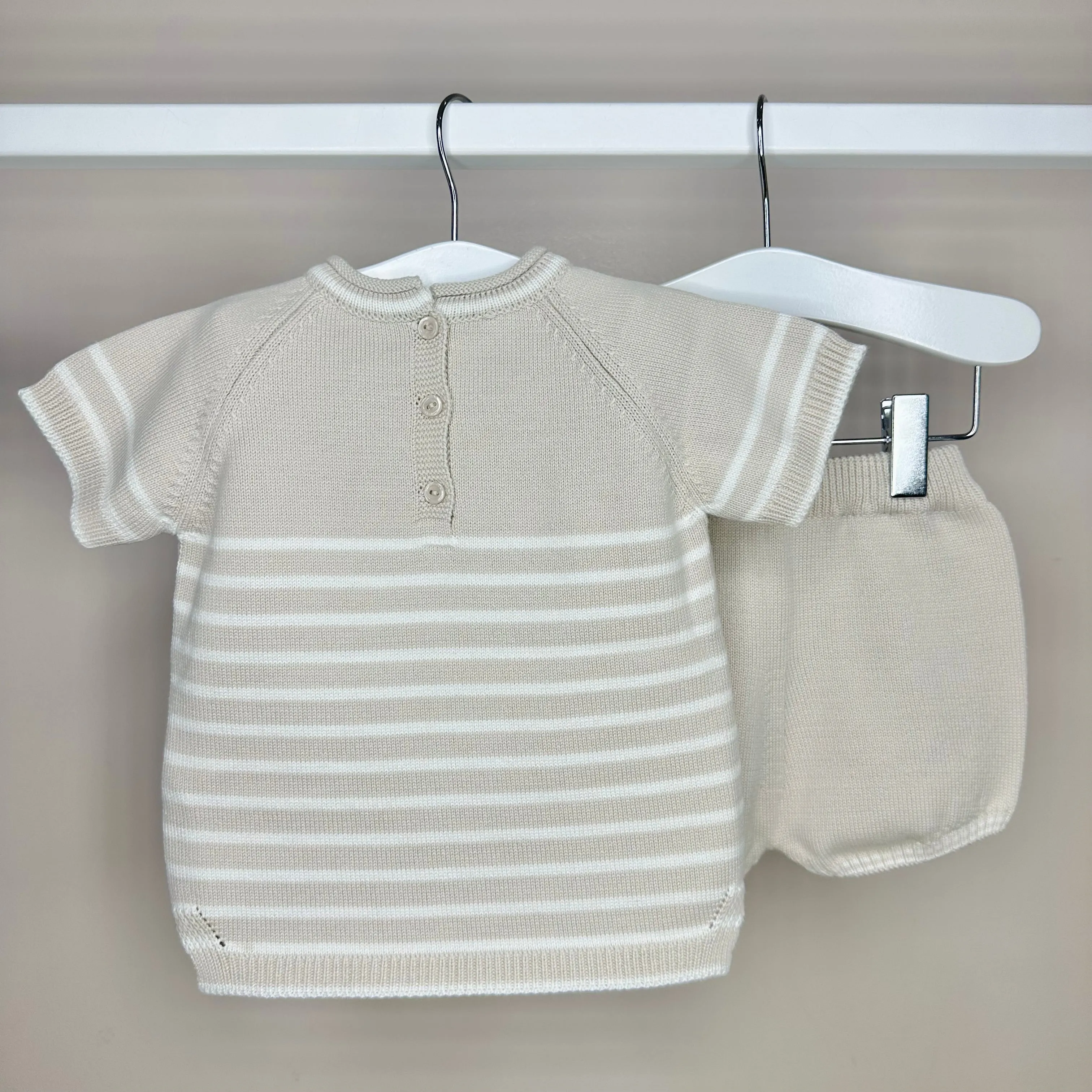 Beige & Ivory Striped Shorts Set