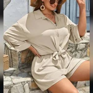 Beige Cream Textured Button Up Shirt &amp; Shorts Set 3XL (18)