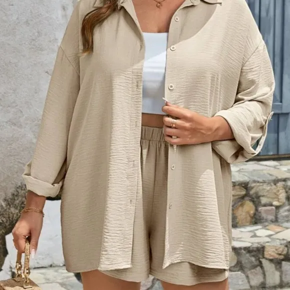 Beige Cream Textured Button Up Shirt &amp; Shorts Set 3XL (18)