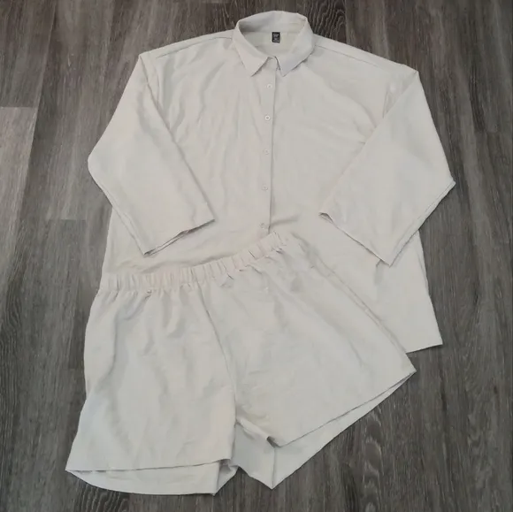 Beige Cream Textured Button Up Shirt &amp; Shorts Set 3XL (18)