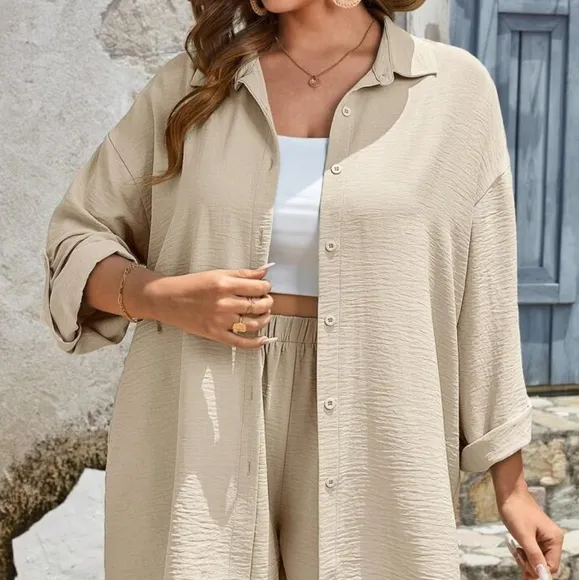 Beige Cream Textured Button Up Shirt &amp; Shorts Set 3XL (18)