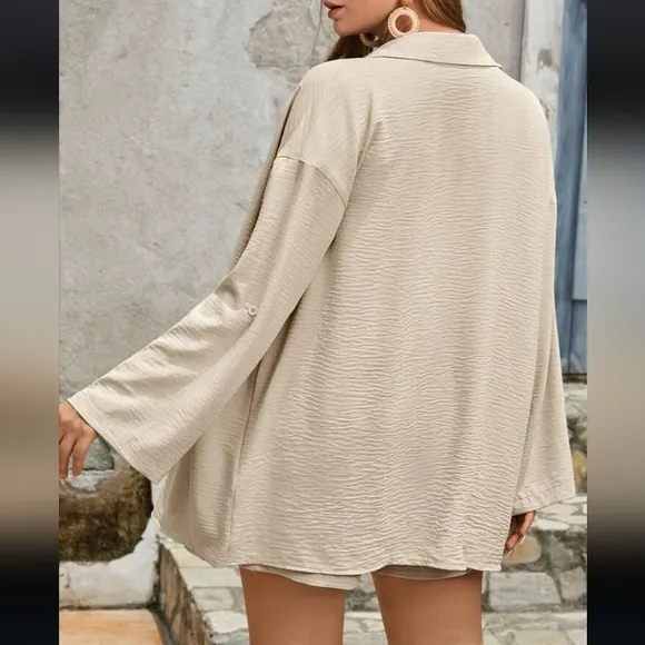 Beige Cream Textured Button Up Shirt &amp; Shorts Set 3XL (18)