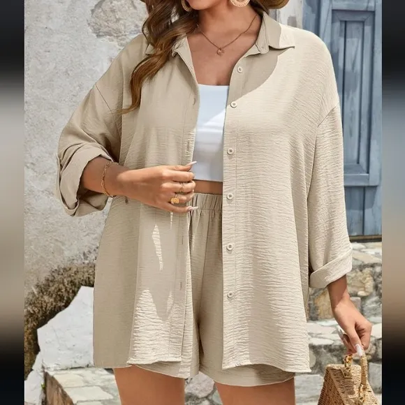 Beige Cream Textured Button Up Shirt &amp; Shorts Set 3XL (18)