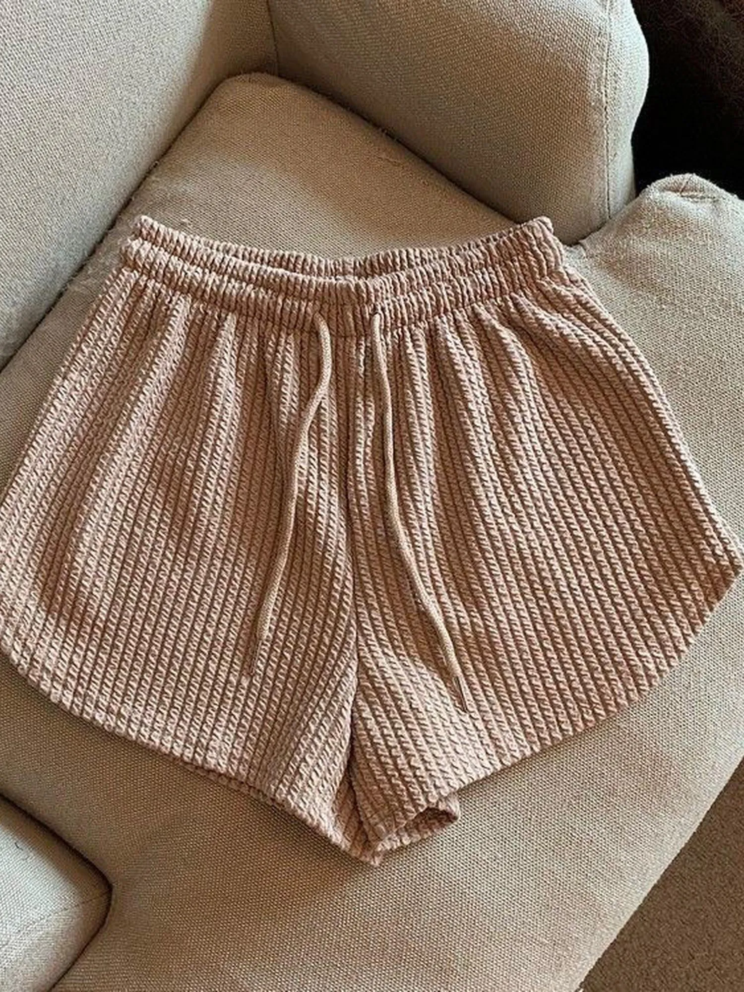 Beige Textured Knit Shorts
