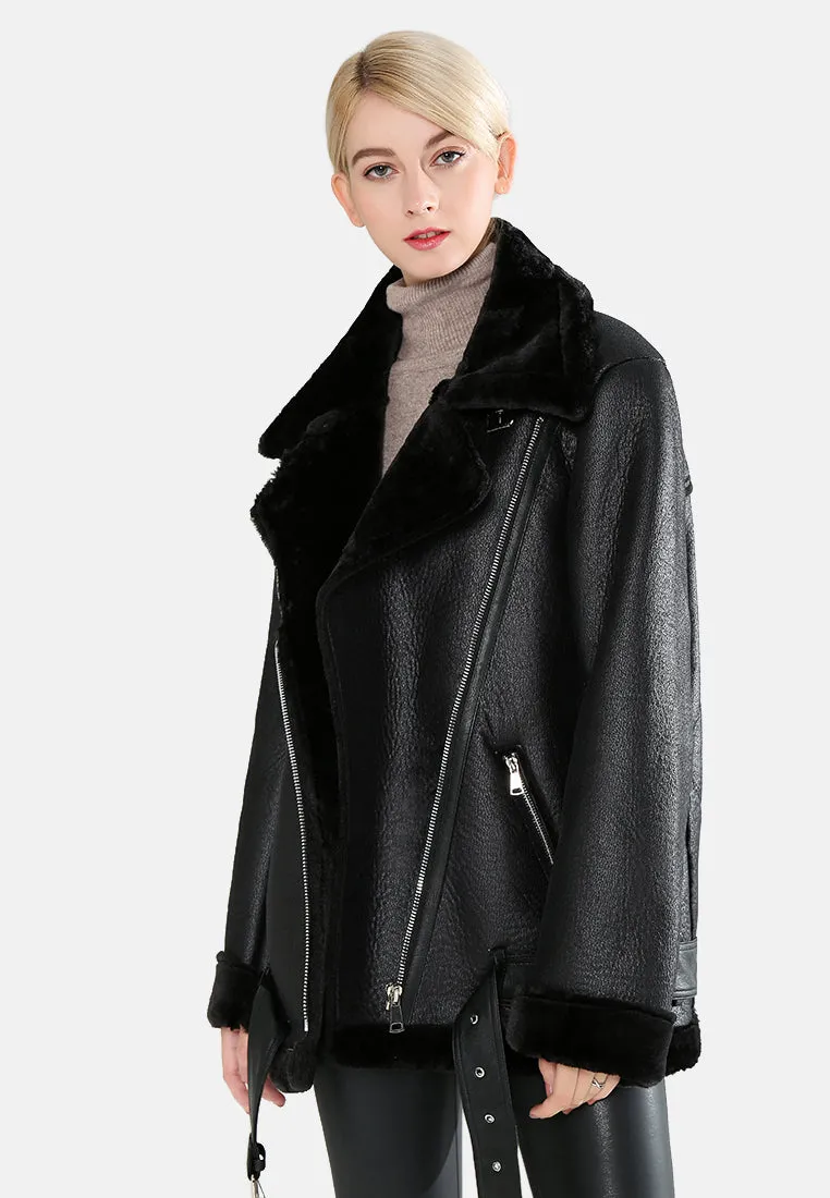biker jacket with faux fur collar