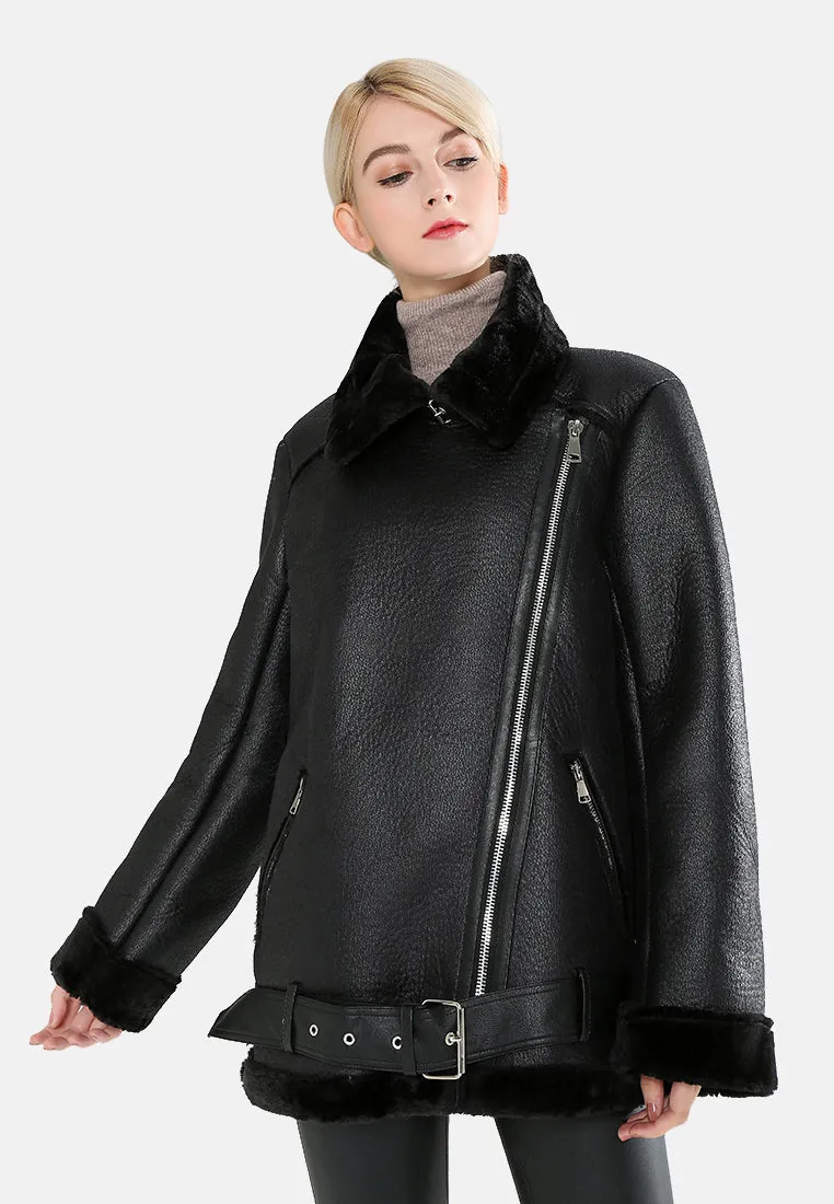 biker jacket with faux fur collar