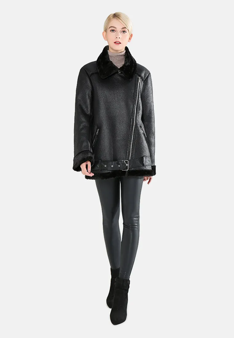 biker jacket with faux fur collar