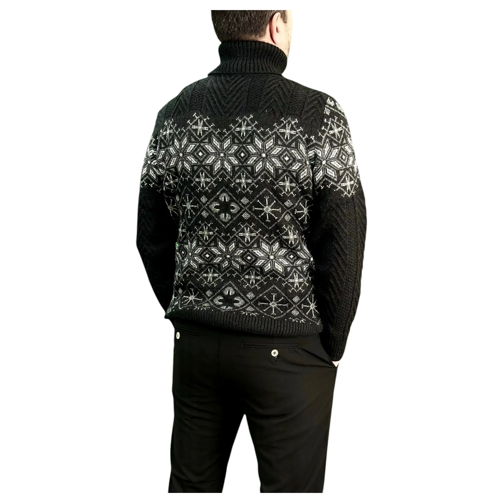 Black and Gray Patterned  Men's Chunky Turtleneck Sweater -100% Real  Wool