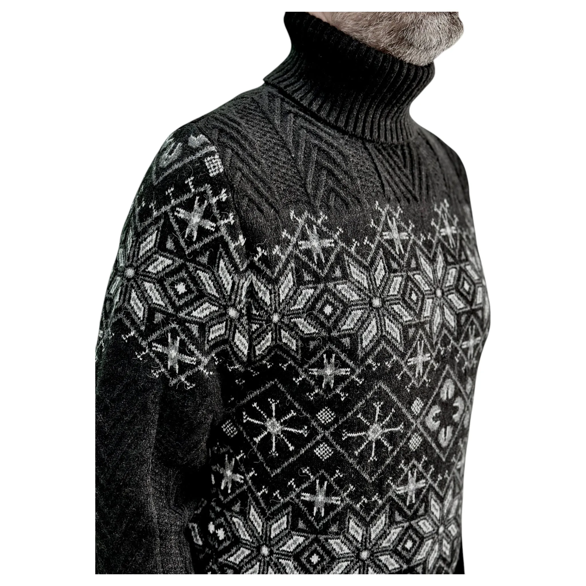 Black and Gray Patterned  Men's Chunky Turtleneck Sweater -100% Real  Wool