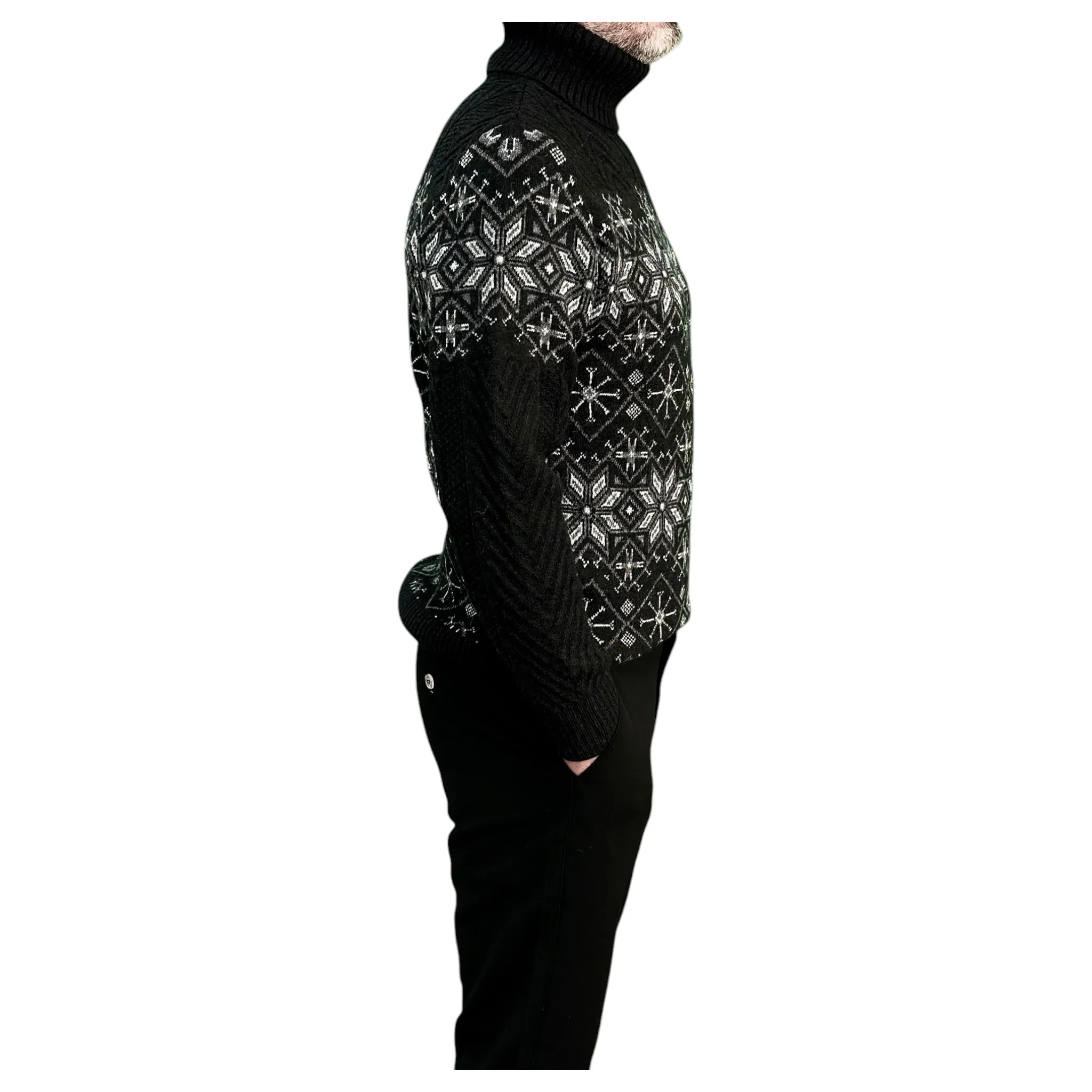 Black and Gray Patterned  Men's Chunky Turtleneck Sweater -100% Real  Wool