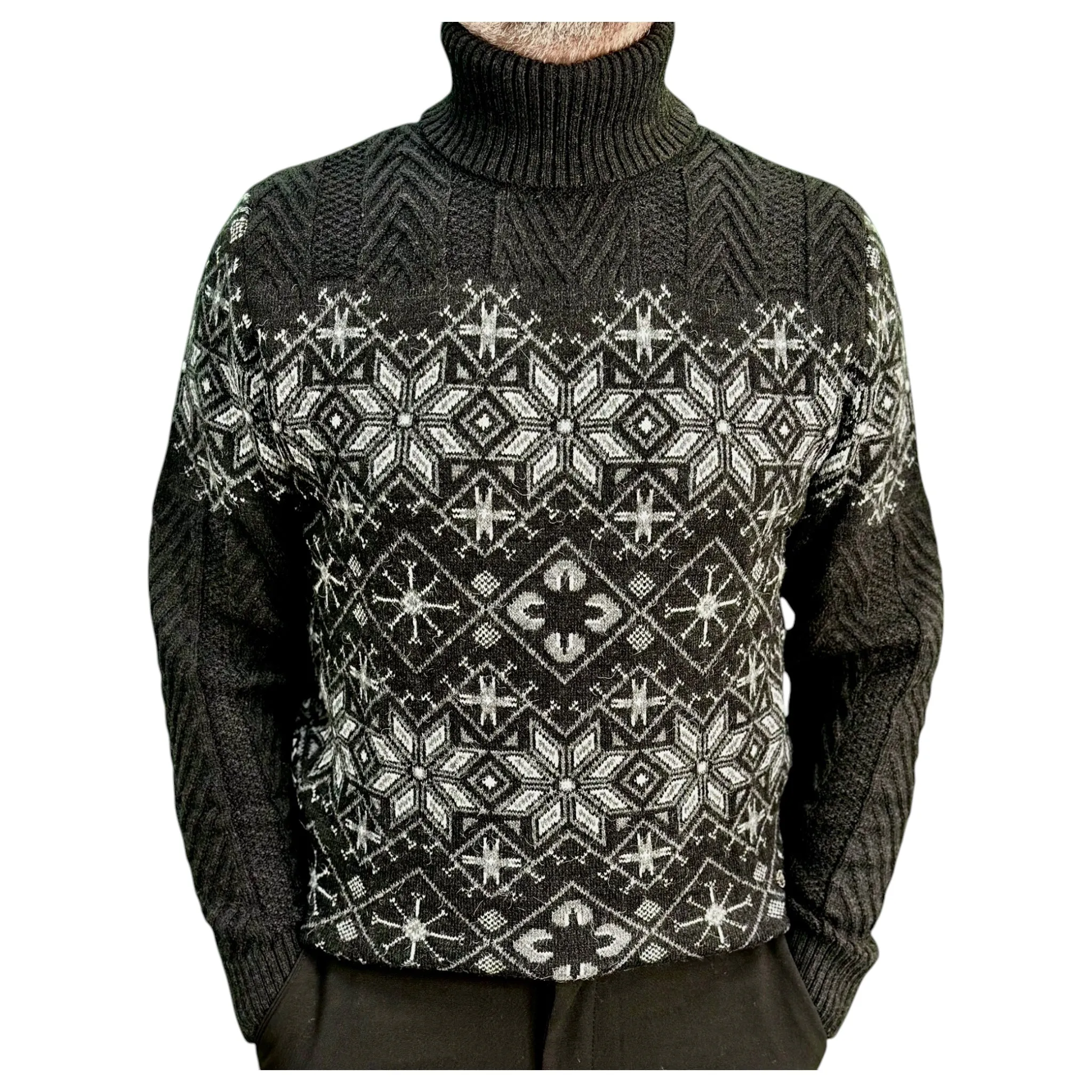 Black and Gray Patterned  Men's Chunky Turtleneck Sweater -100% Real  Wool