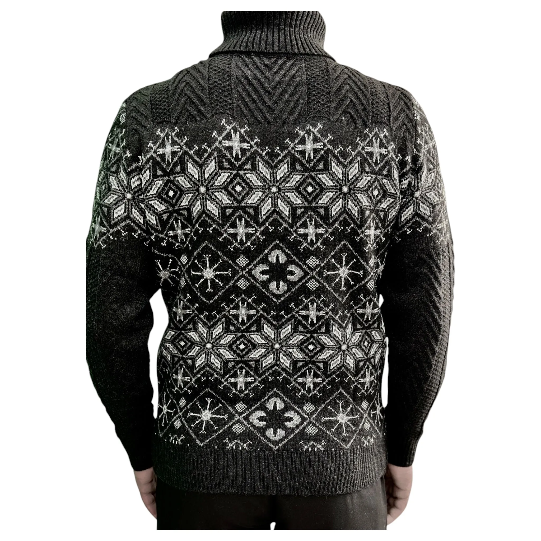 Black and Gray Patterned  Men's Chunky Turtleneck Sweater -100% Real  Wool