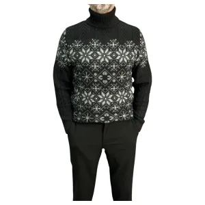 Black and Gray Patterned  Men's Chunky Turtleneck Sweater -100% Real  Wool