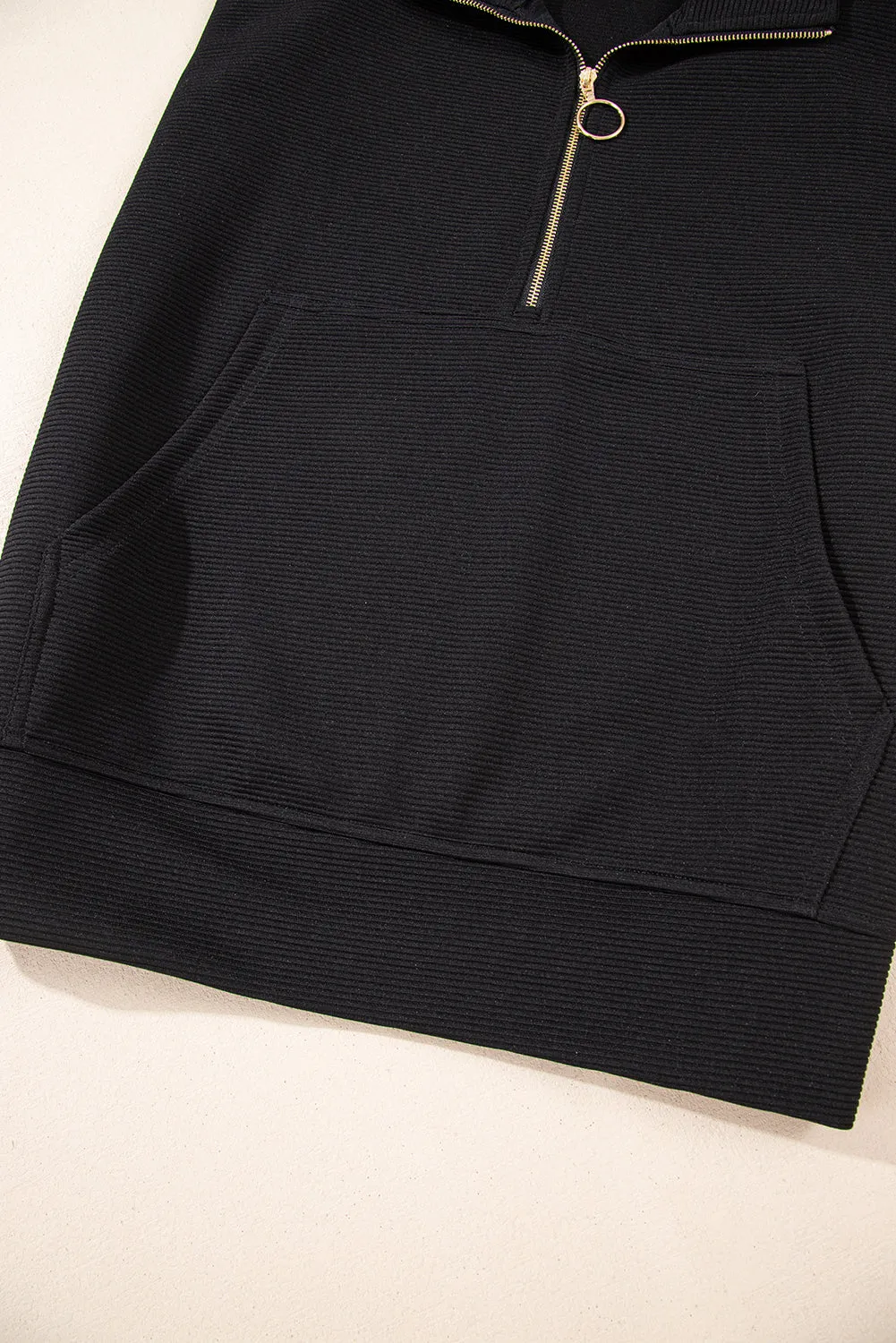 Black Textured Quarter Zip Kangaroo Pocket Top Drawstring Shorts Set