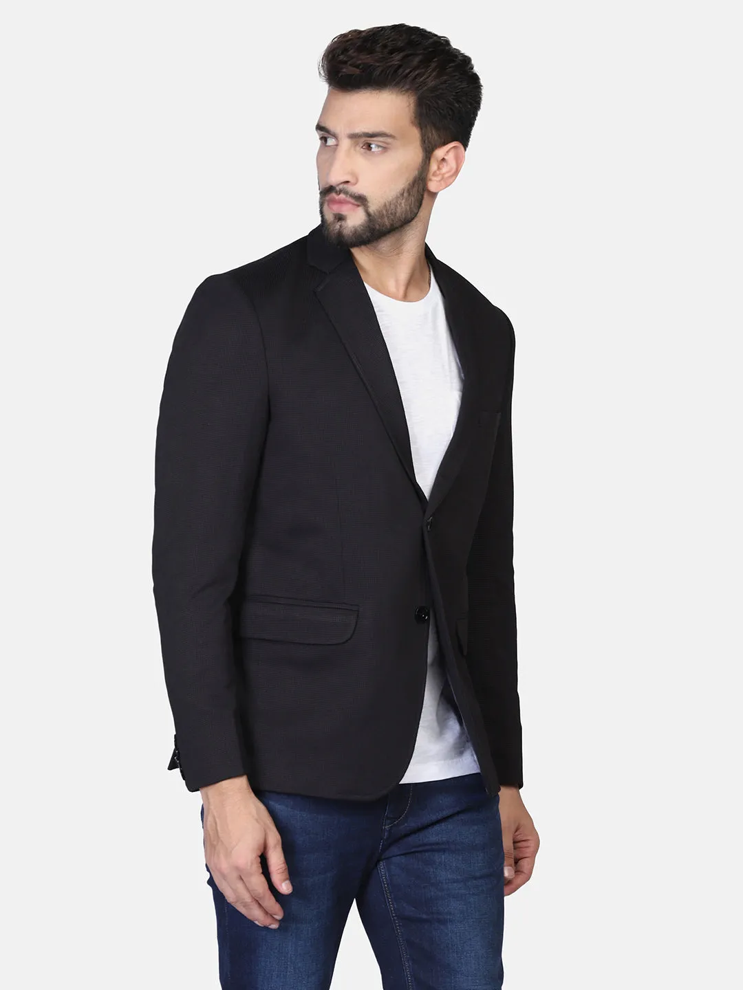 Black Textured Stretchable Blazer