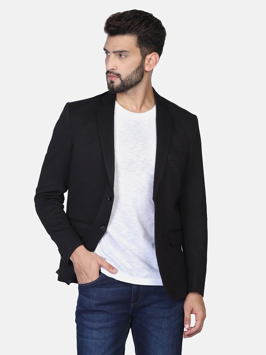 Black Textured Stretchable Blazer