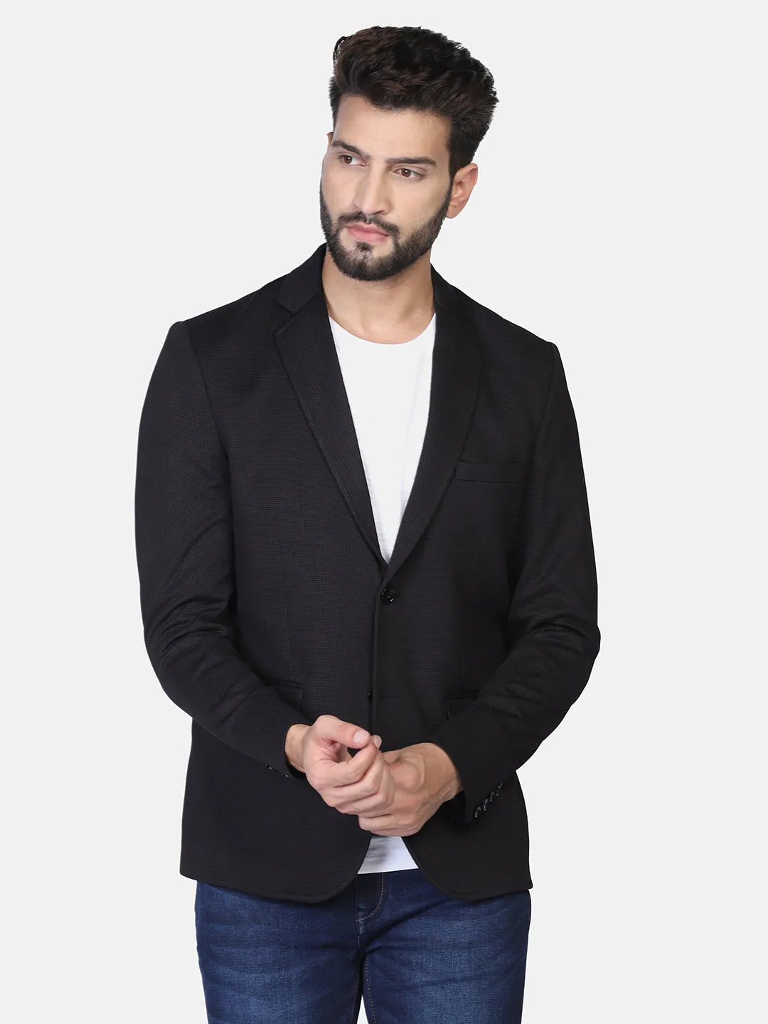 Black Textured Stretchable Blazer